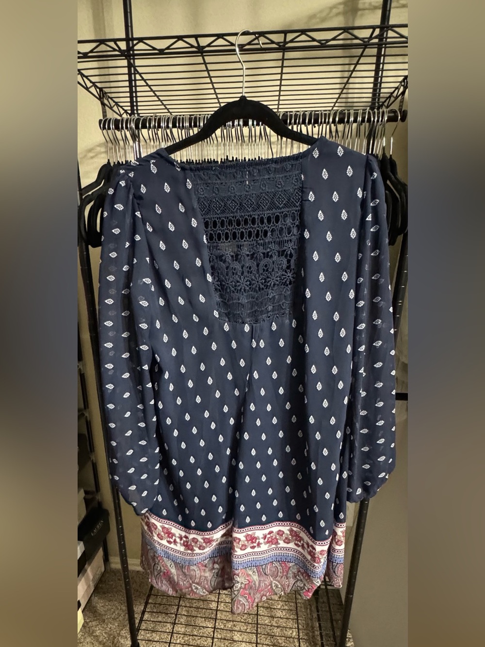 My Michelle Navy Printed mini dress with Crochet Yoke and Border Print